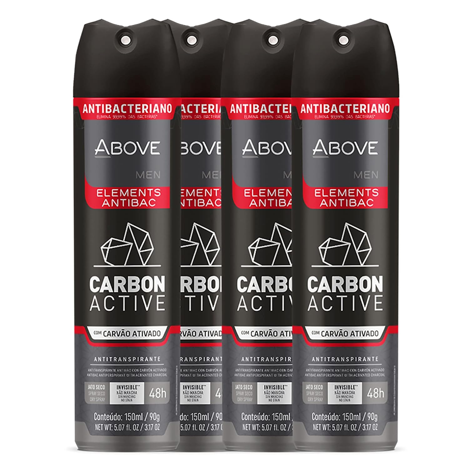 ABOVE 48 Hours Element Antiperspirant Deodorant Spray Set, Carbon Active, 4 Pcs - Deodorant for Men - Mint, Mandarin, and Orange Notes - Stain-Free