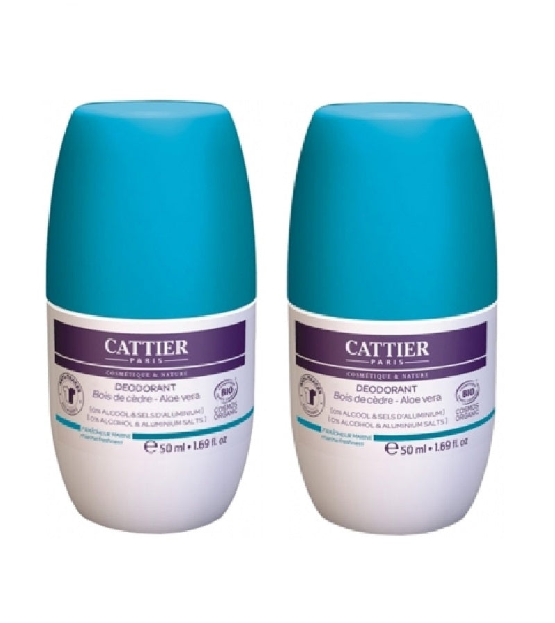 2xPack Cattier Organic Cedarwood Aloe Vera Marine Fresh Deodorant Roll-On - 100 ml